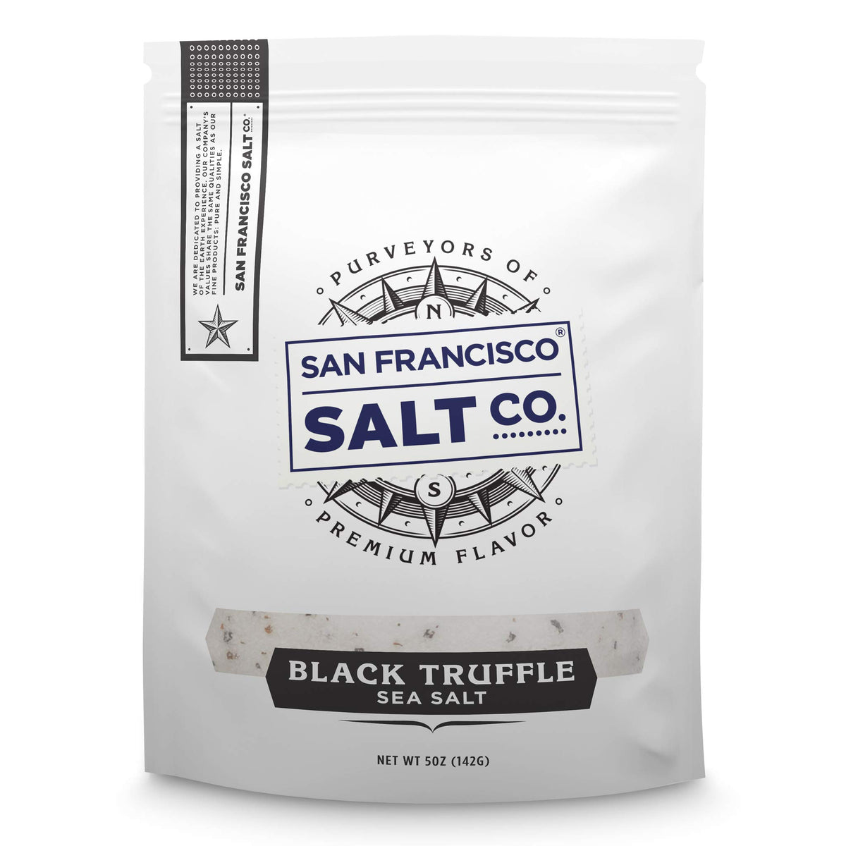 San Francisco Salt Company Italian Black Truffle Salt pouch closeup showing premium aroma.