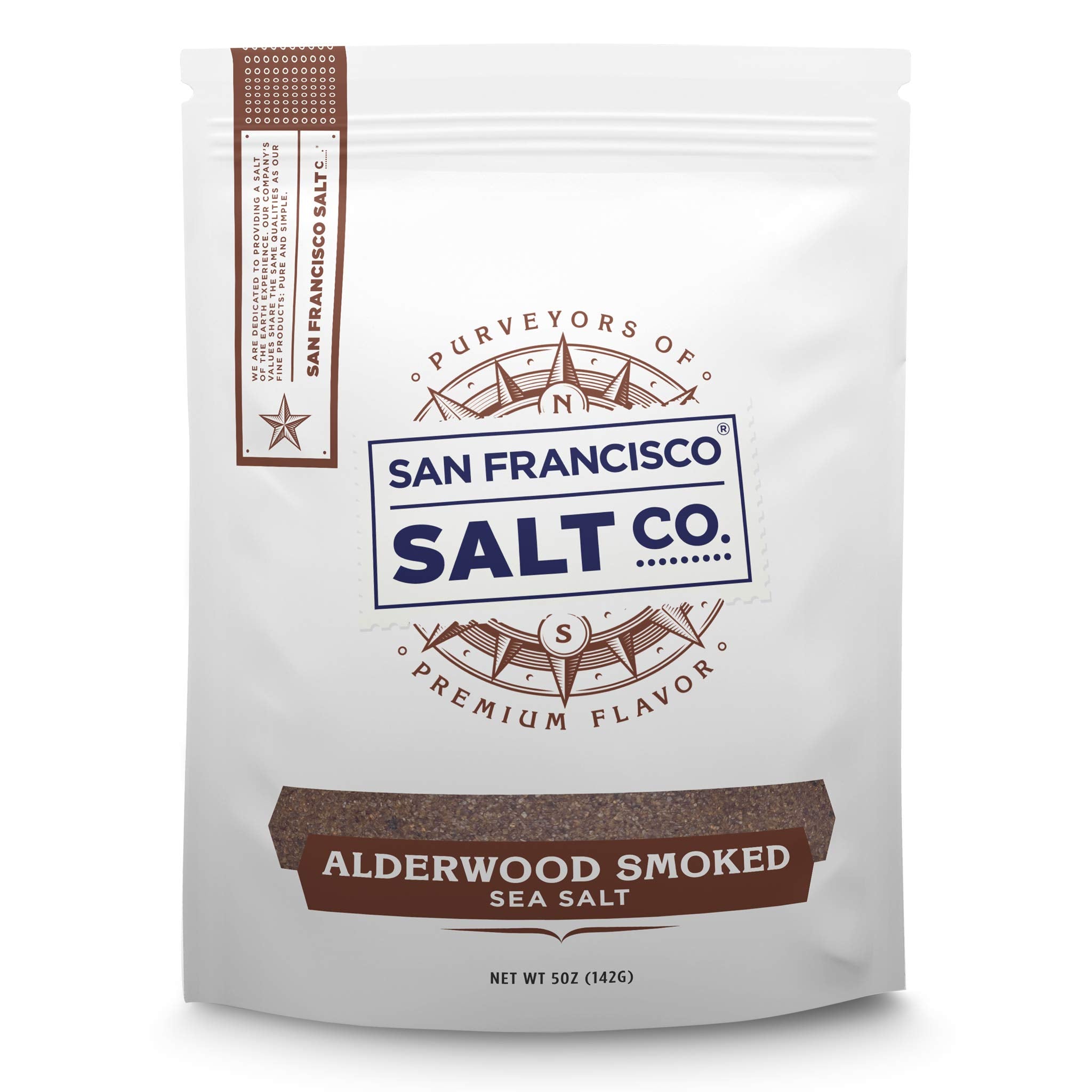 San Francisco Salt Company Alderwood smoked sea salt enhances seafood with clean campfire aroma.