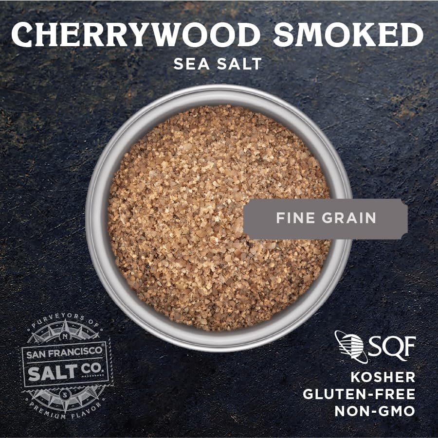 San Francisco Salt Company cherrywood smoked sea salt crystals on a spoon for finishing meats