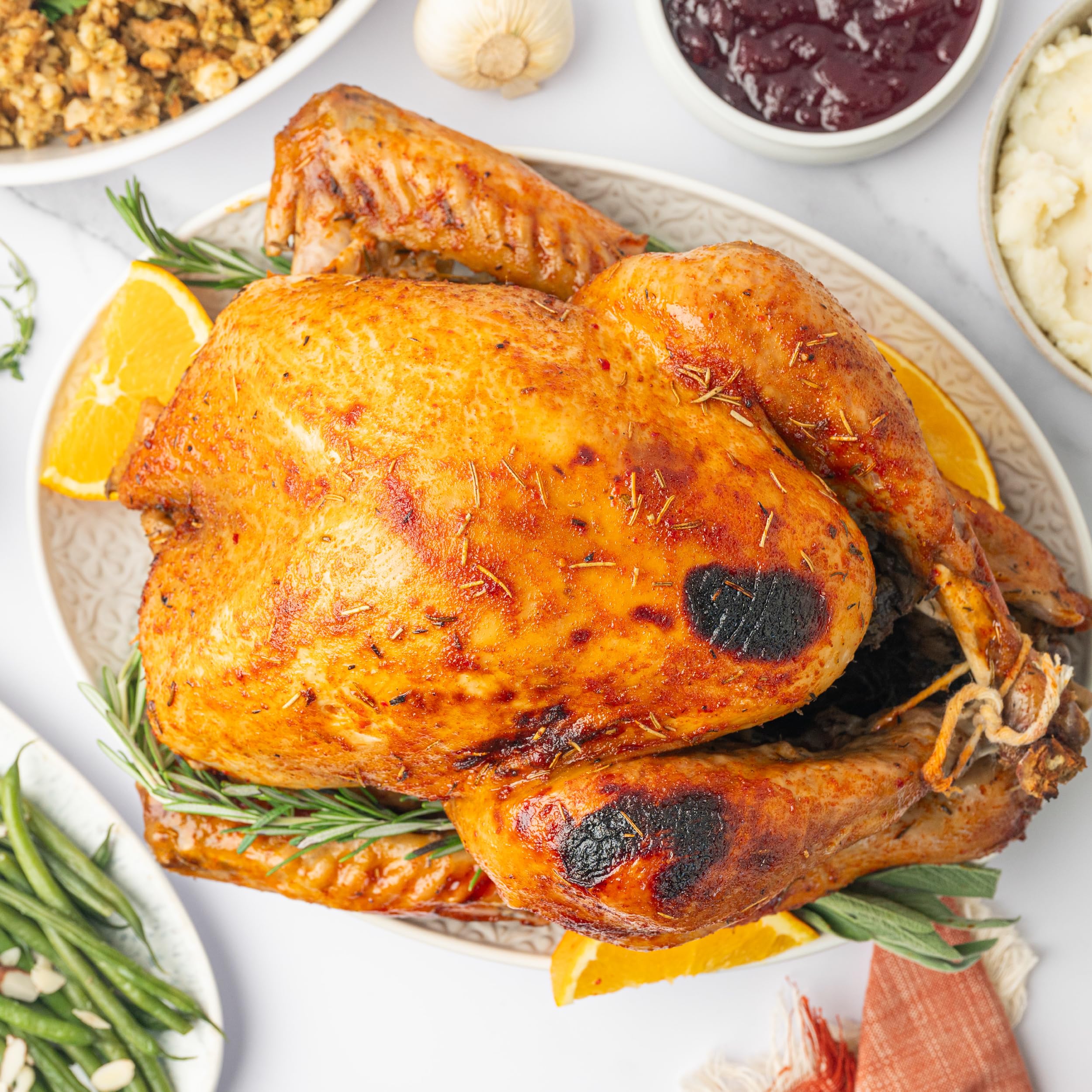 Finished roast turkey aroma with San Francisco Salt Company garlic rosemary blend.