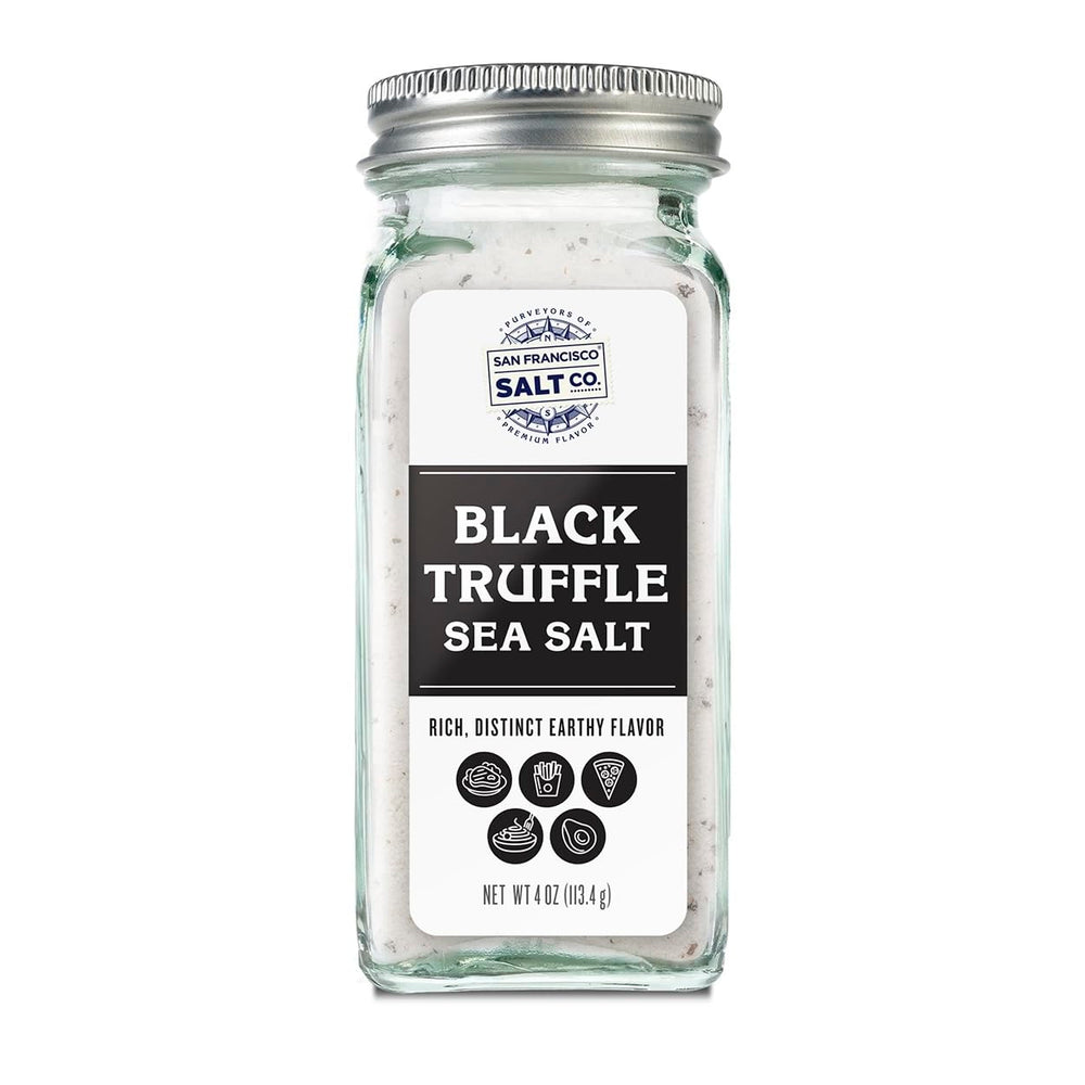 San Francisco Salt Company's Italian Black Truffle Sea Salt in a glass shaker for gourmet finishing touch