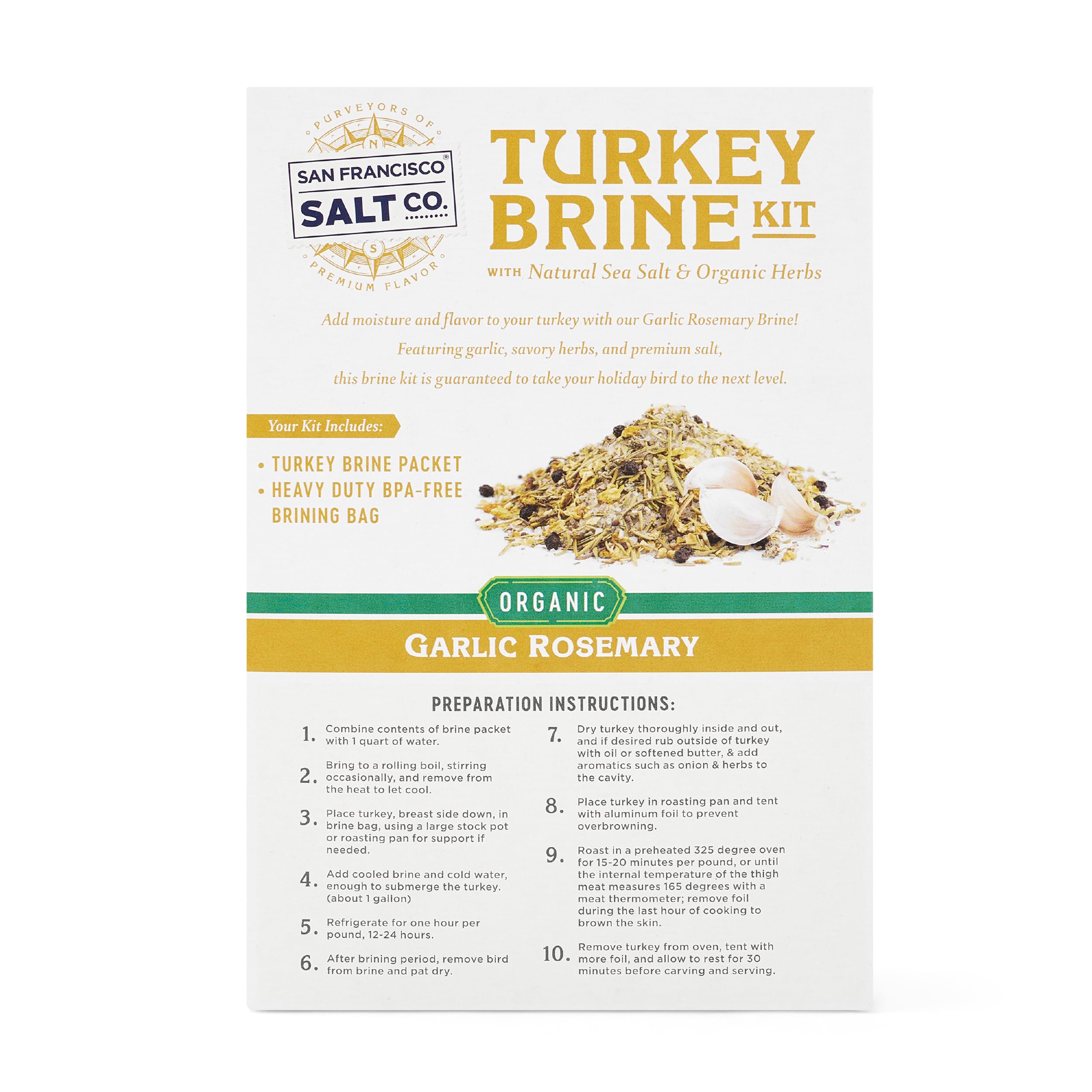 San Francisco Salt Company organic certification and Kosher status on the turkey brine kit.