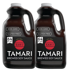 San-J gluten-free tamari 64oz bottle ready for marinades and stir-fries.