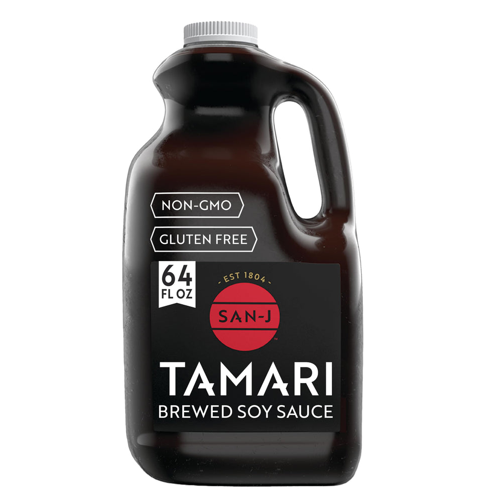San-J Gluten Free Tamari bottle highlighting rich umami for marinades.