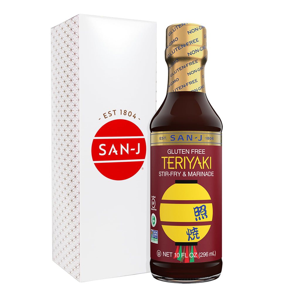 San-J gluten-free teriyaki bottle with glossy glaze for cooking