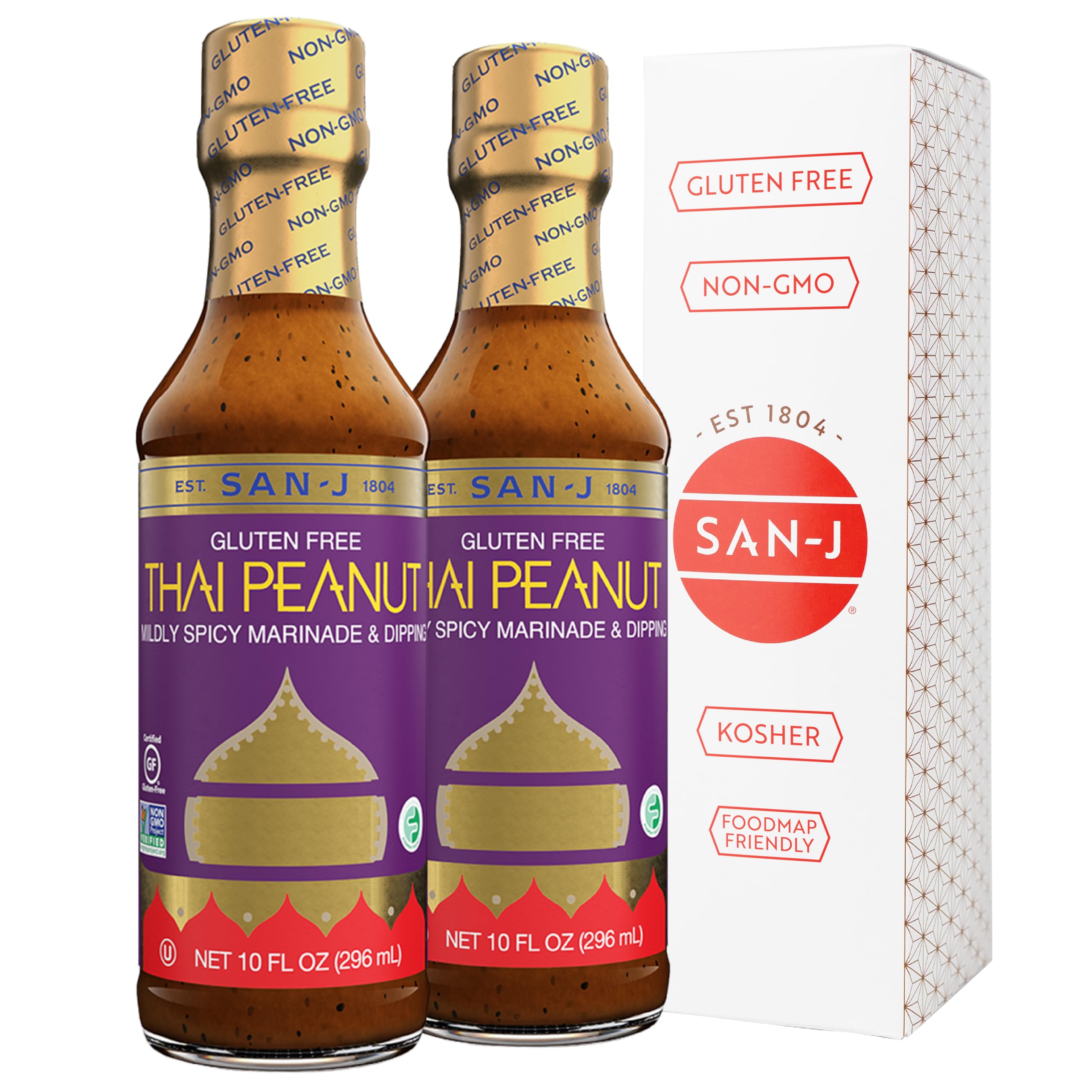 San-J Gluten Free Thai Peanut Sauce bottle highlighting gluten-free and value 2-pack