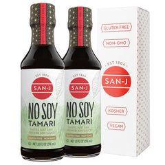 San-J No Soy Tamari bottle pouring to highlight rich umami for various dishes