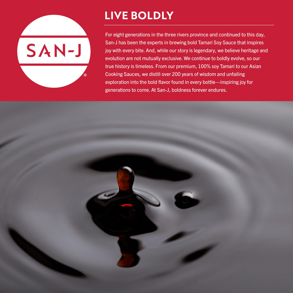 San-J No Soy Tamari bottle on dining table for versatile dipping.