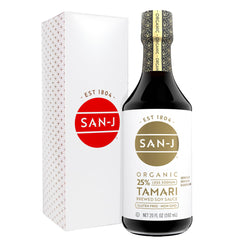 San-J Organic Gluten Free Tamari bottle shown for dipping and table seasoning, aromatic and versatile
