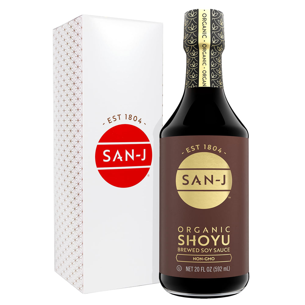San-J Organic Shoyu bottle front view, rich flavor enhancer for sushi and stir-fries.