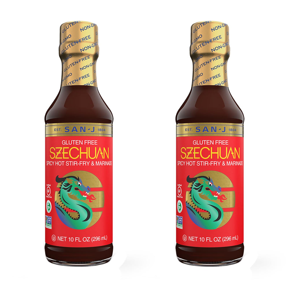 San-J spicy gluten-free Szechuan sauce bottle adds bold flavor to meals