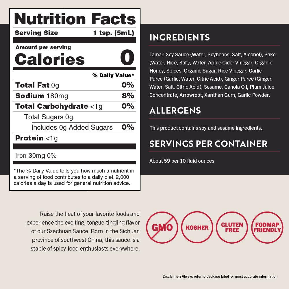 San-J spicy Szechuan sauce label close-up highlights non-GMO and gluten-free qualities