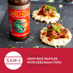 San-J spicy Szechuan sauce pouring action showcases quick flavor boost