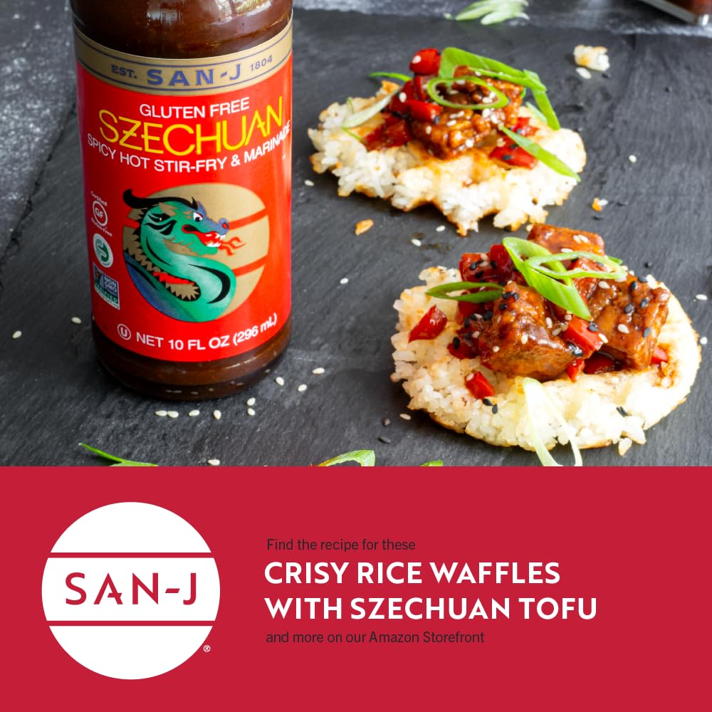San-J Szechuan sauce stir-fry scene with heat and color