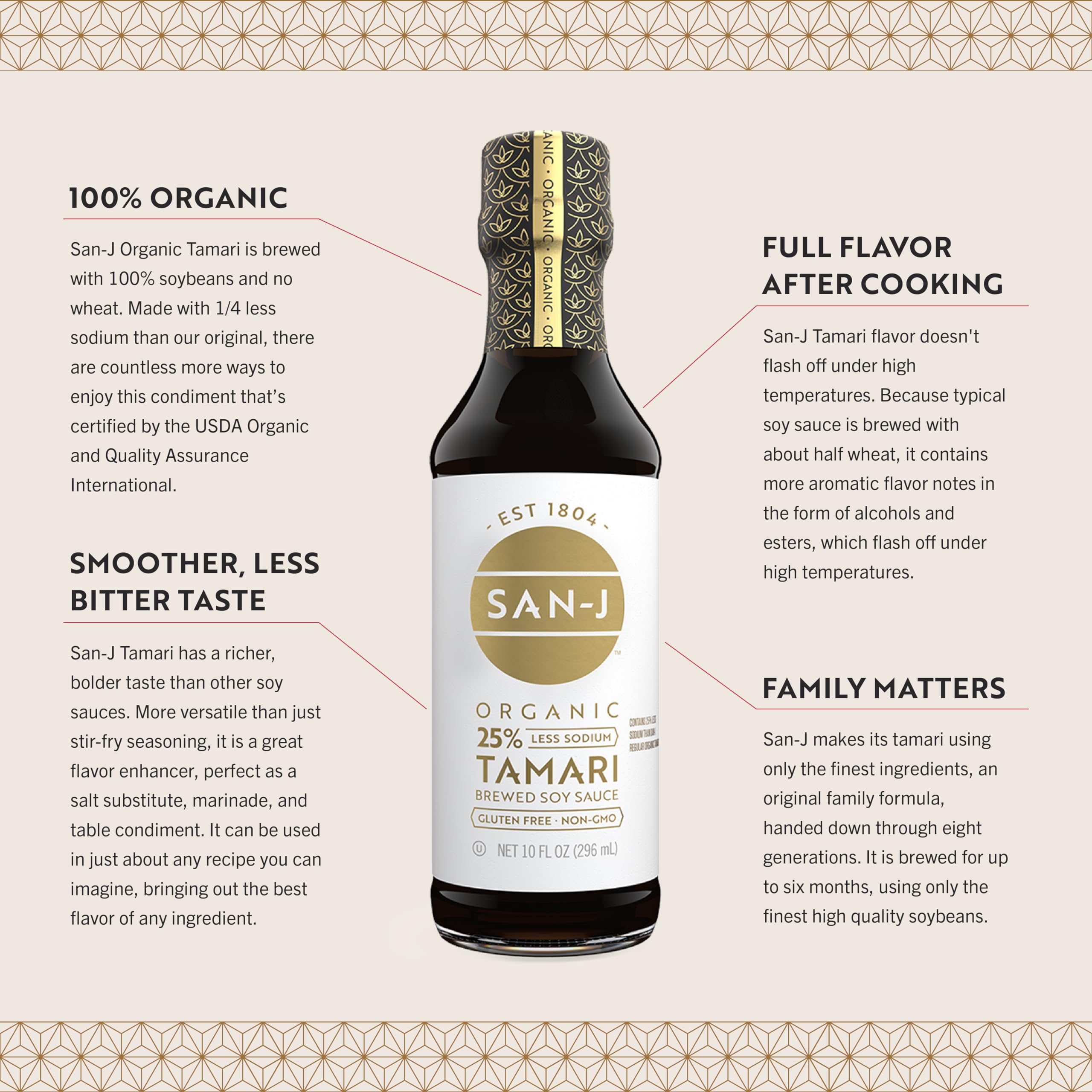 San-J Tamari glass bottle closeup highlights pour spout and premium craft