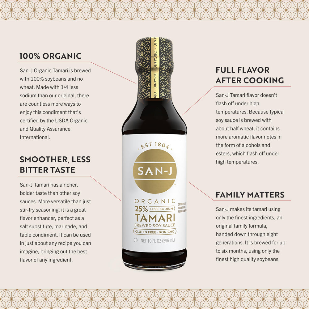 San-J Tamari glass bottle closeup highlights pour spout and premium craft