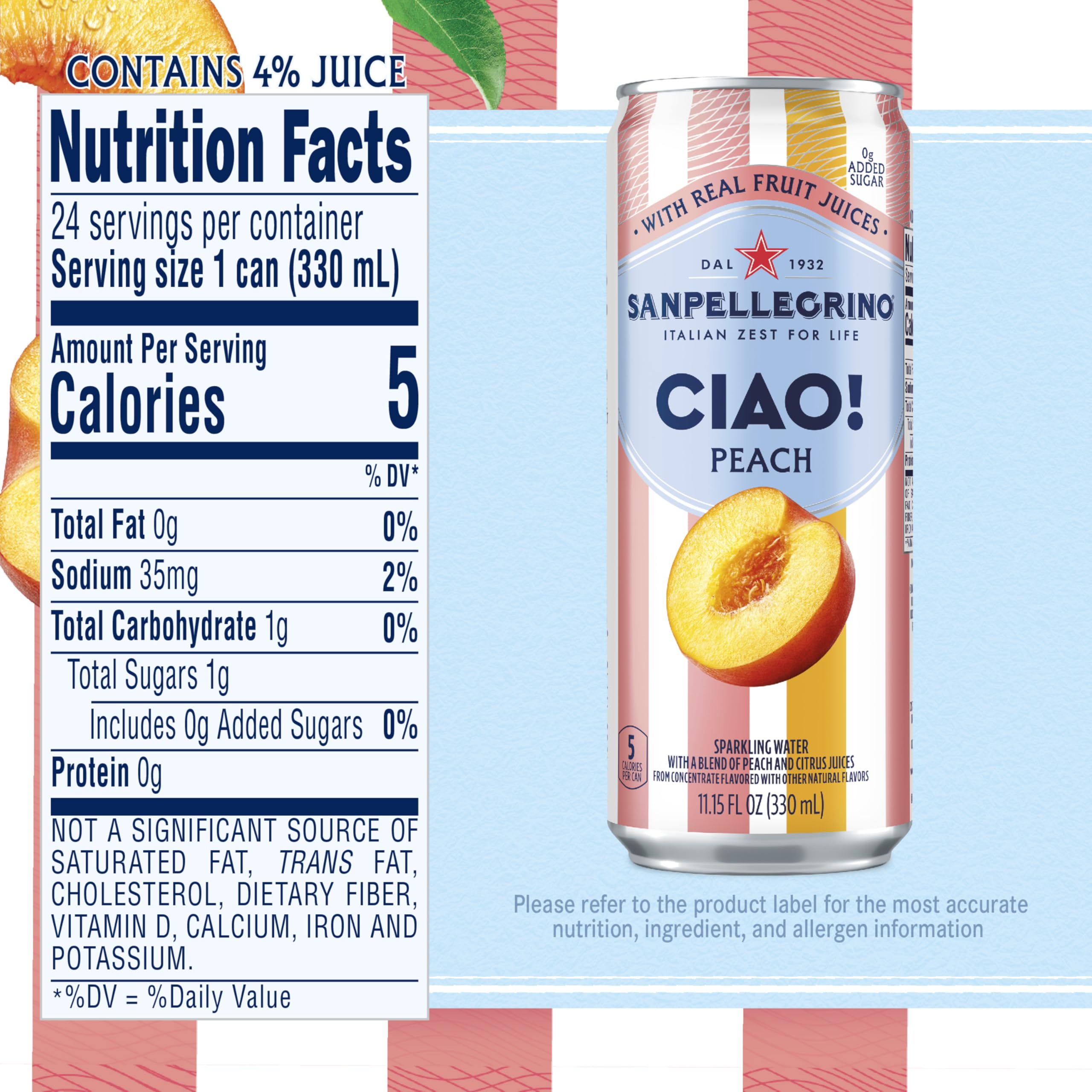 San Pellegrino CIAO Peach Citrus juice blend portrait, ideal for pairing with light meals.