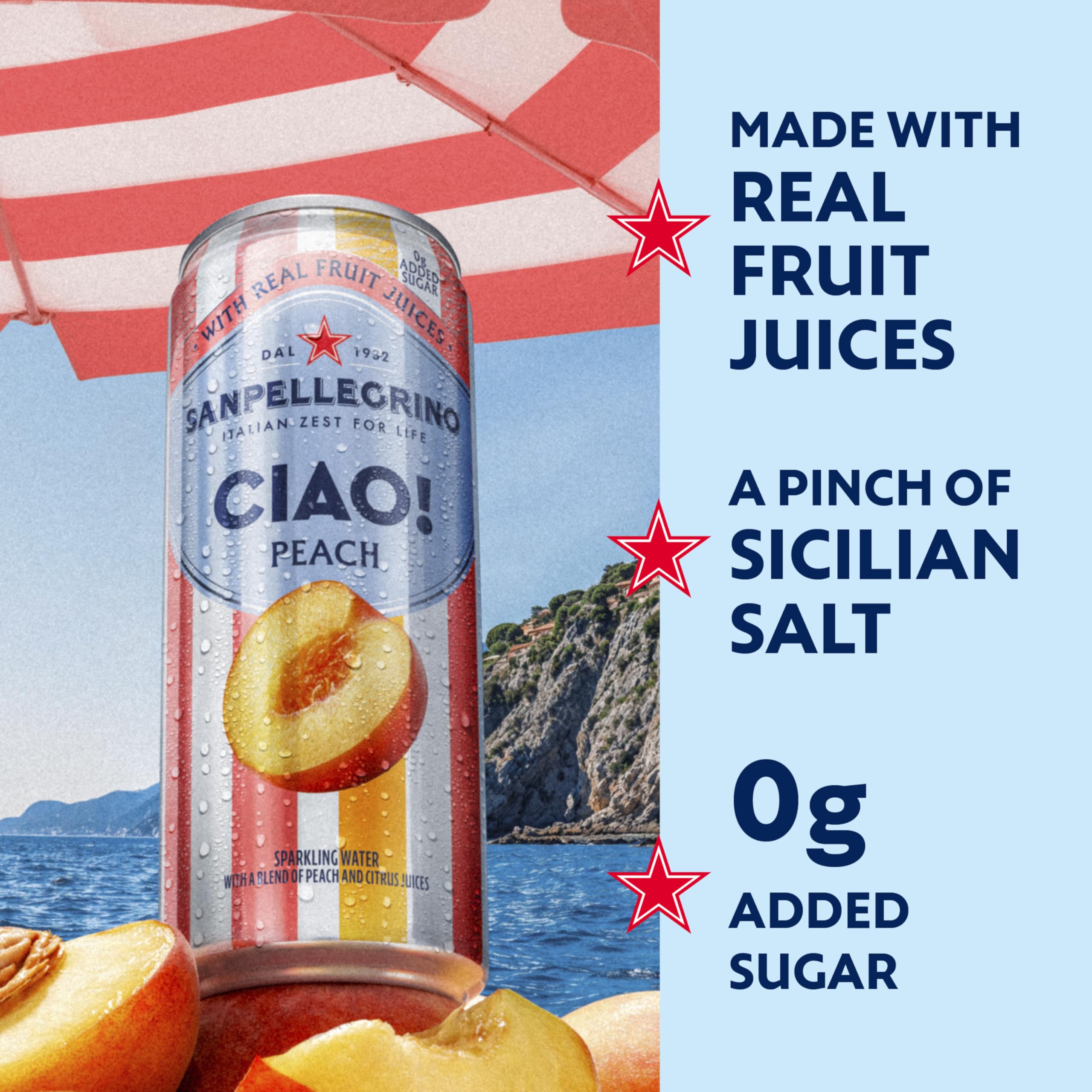 San Pellegrino CIAO Peach real fruit juices closeup, showcasing natural fruit content.