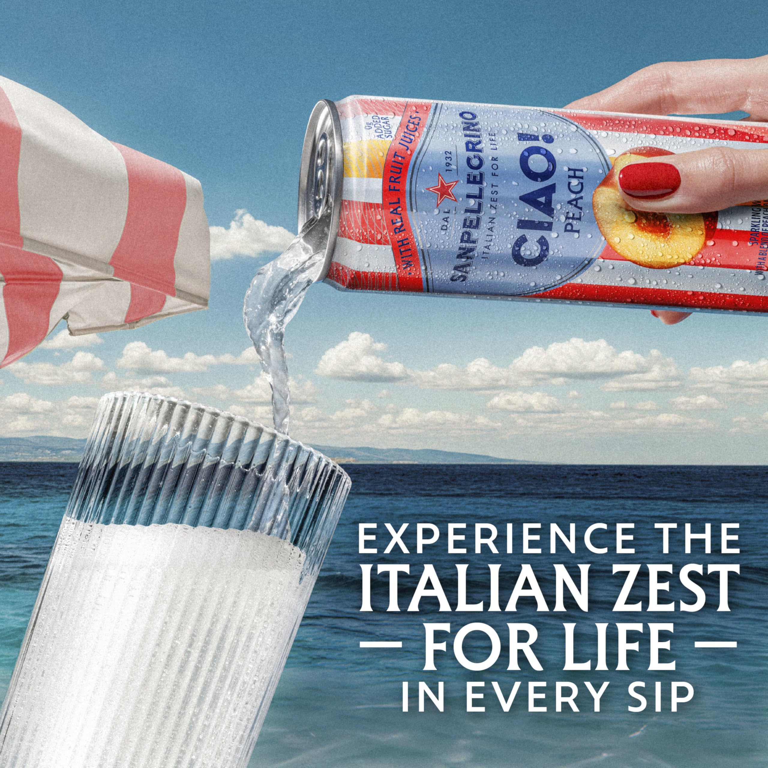 San Pellegrino CIAO Peach label closeup, premium Italian refreshment.