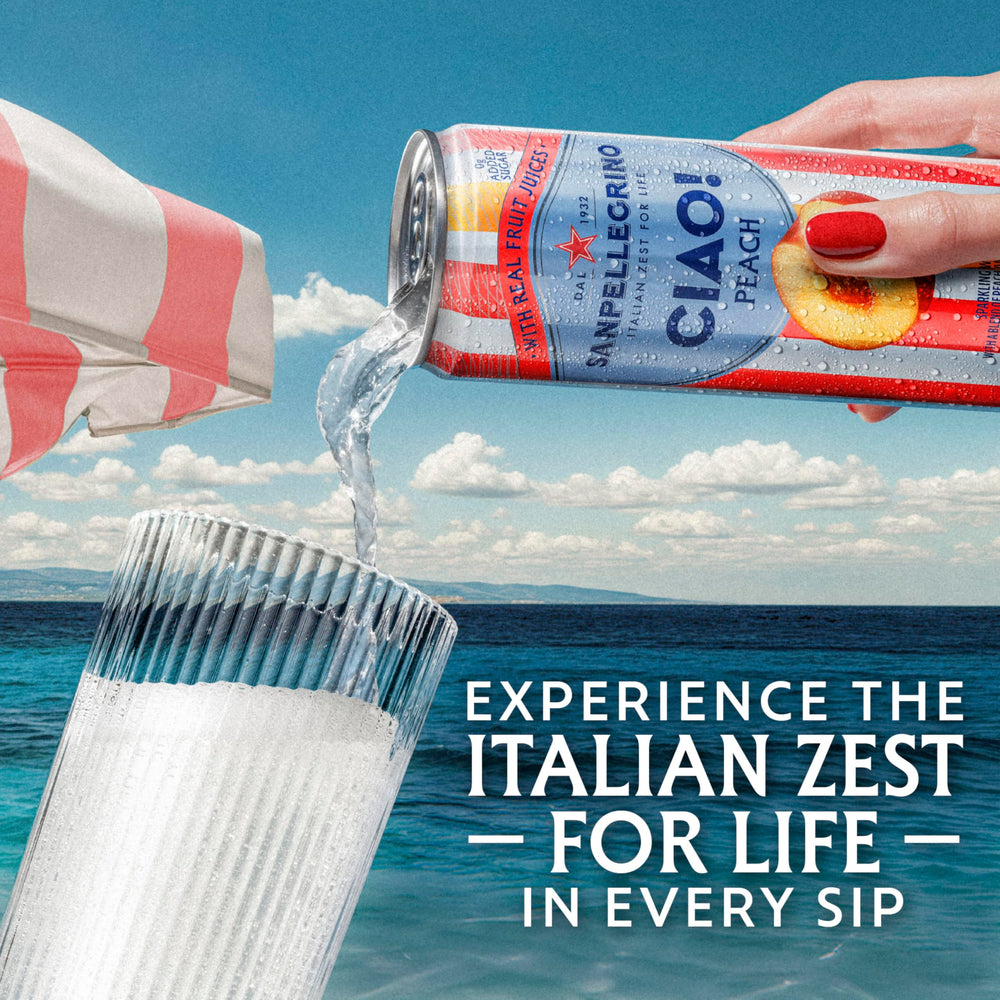 San Pellegrino CIAO Peach label closeup, premium Italian refreshment.