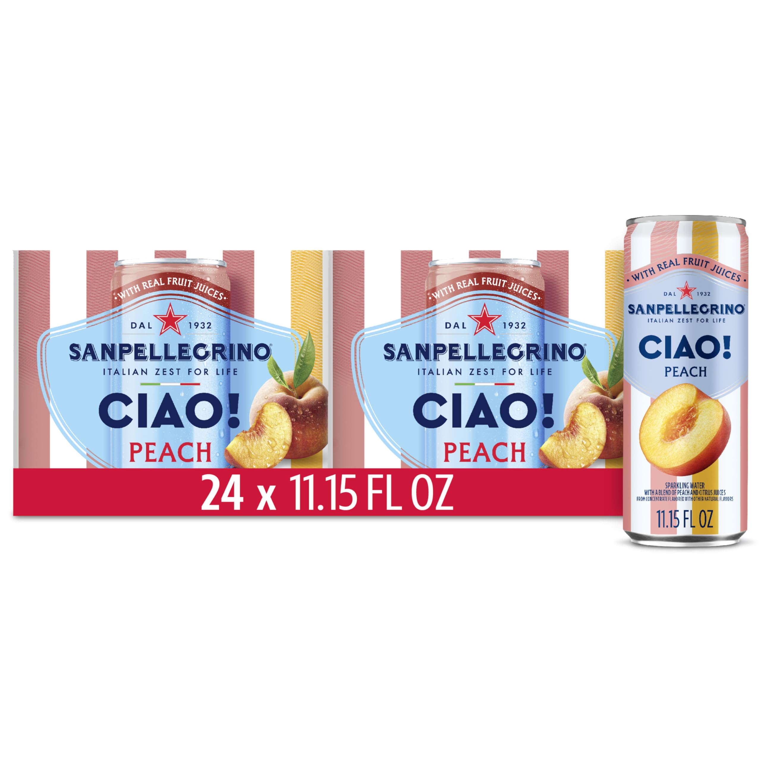 San Pellegrino CIAO Peach Sparkling Water can, refreshing low-calorie option with real fruit juice.