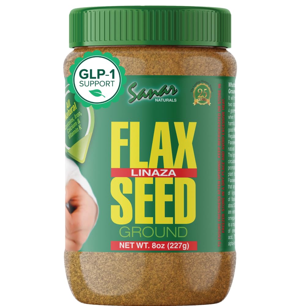 Sanar Naturals ground flax seed bottle pour highlighting fiber and omega-3 for daily meals