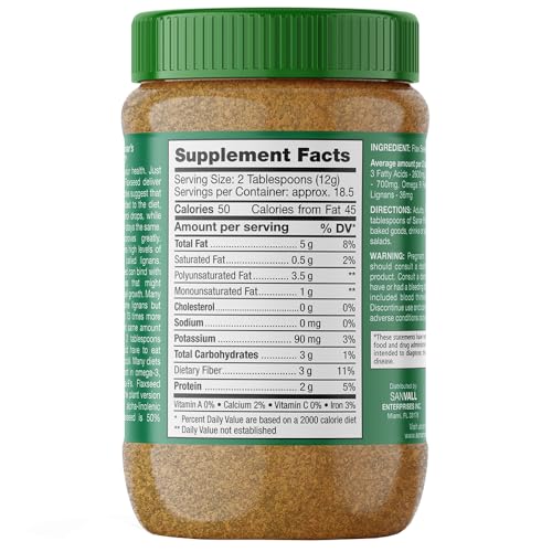 Sanar Naturals ground flax seed measuring spoon ready to mix into beverages