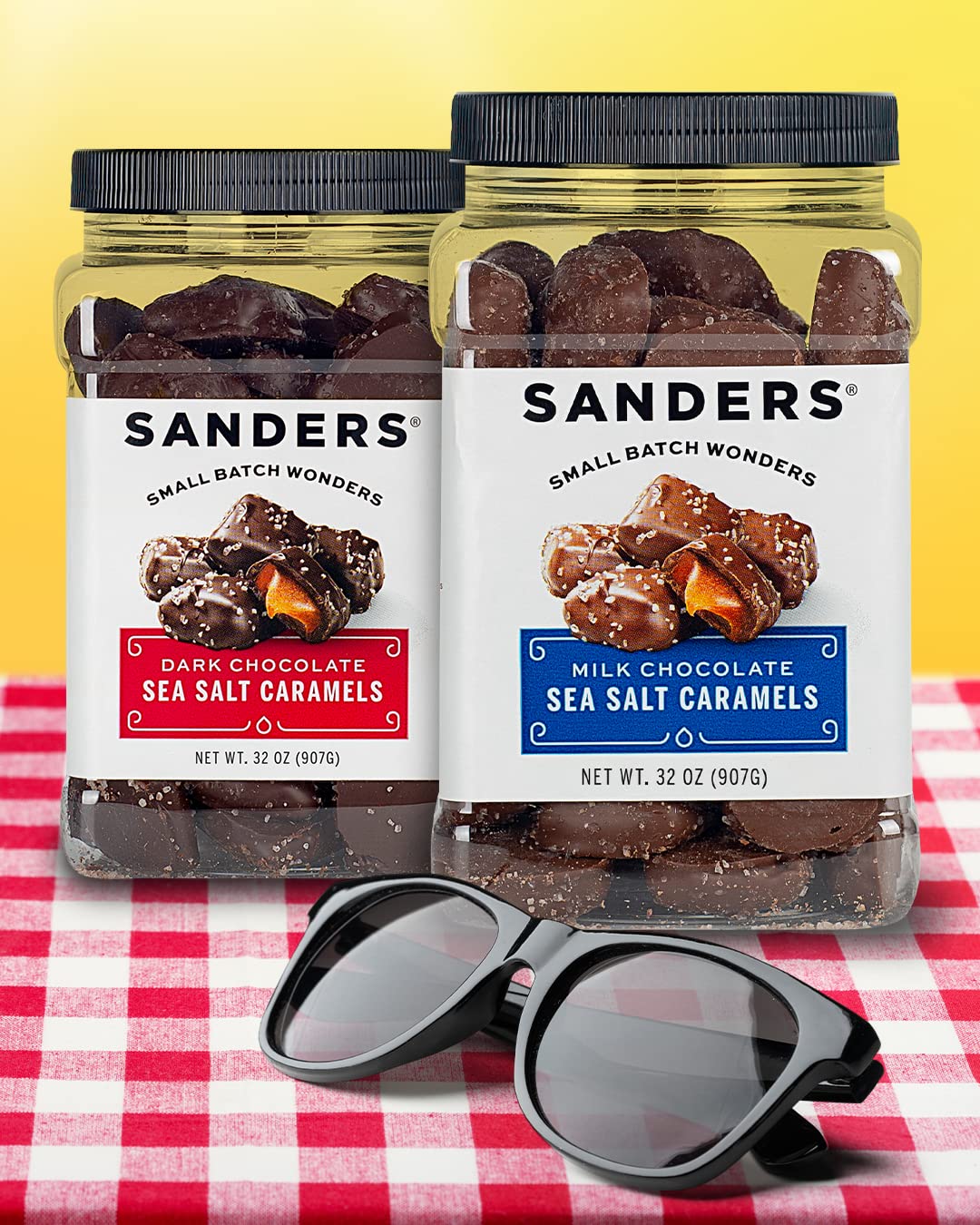 Sanders 32oz tub of caramels on display, ideal for gifting or gatherings.