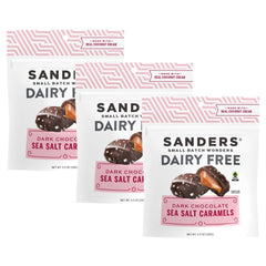 Sanders dairy-free dark chocolate sea salt caramel 3-pack, ideal for a dairy-free indulgence.