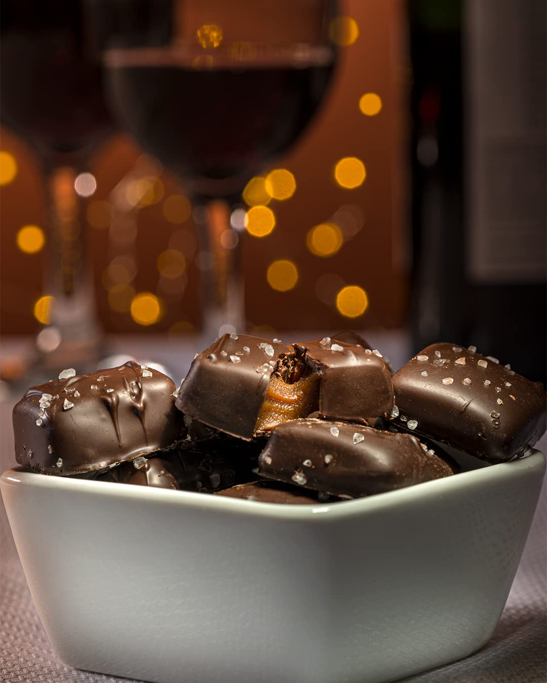 Sanders dark chocolate drapes these caramels for a rich chocolate experience.