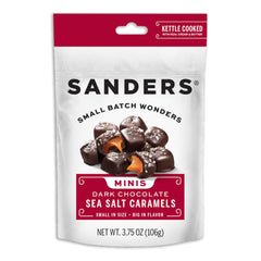 Sanders Dark Chocolate Sea Salt Caramel Mini Bites in resealable bag, ideal snack.