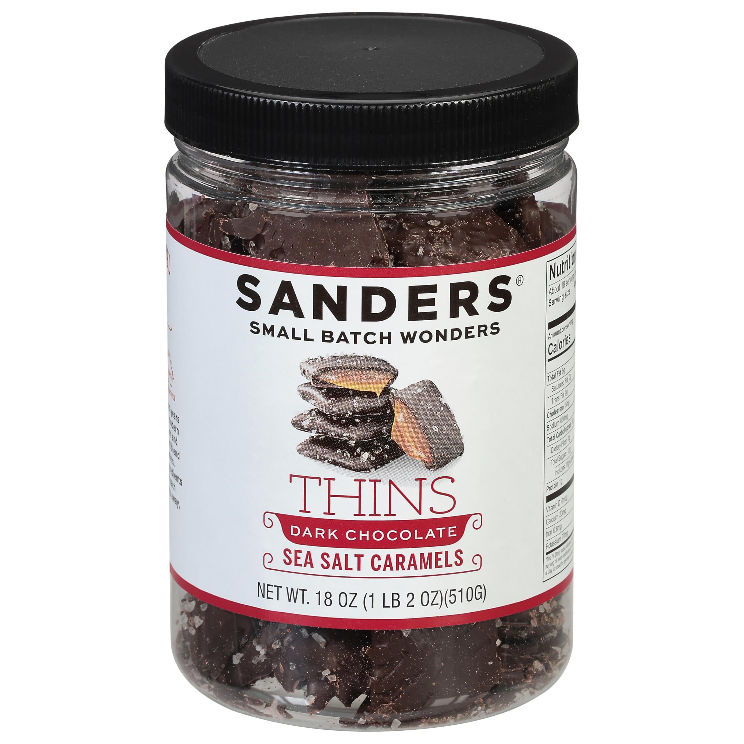 Sanders Dark Chocolate Sea Salt Caramel Thins in tub, ideal for sharing and gifting.