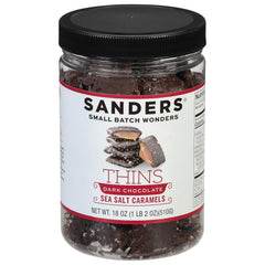 Sanders Dark Chocolate Sea Salt Caramel Thins in tub, ideal for sharing and gifting.