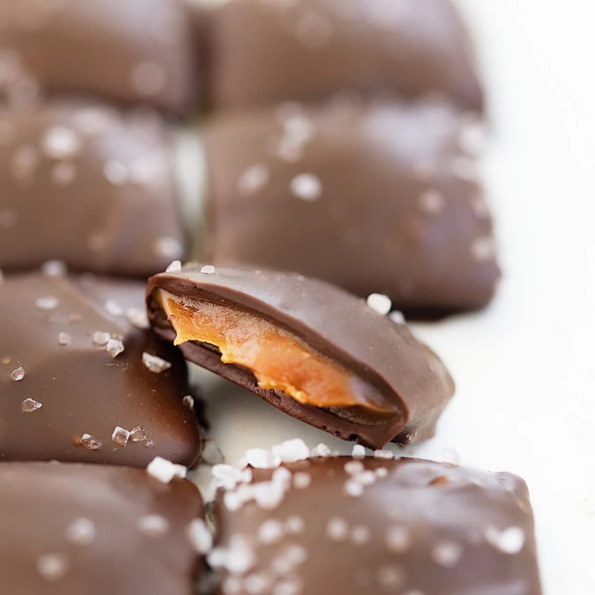 Close-up of caramel center inside Sanders thins, rich and creamy texture.