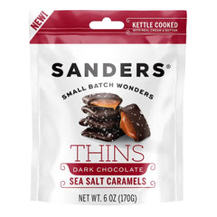 Sanders dark chocolate sea salt caramel thins in package, easy snacking on the go.