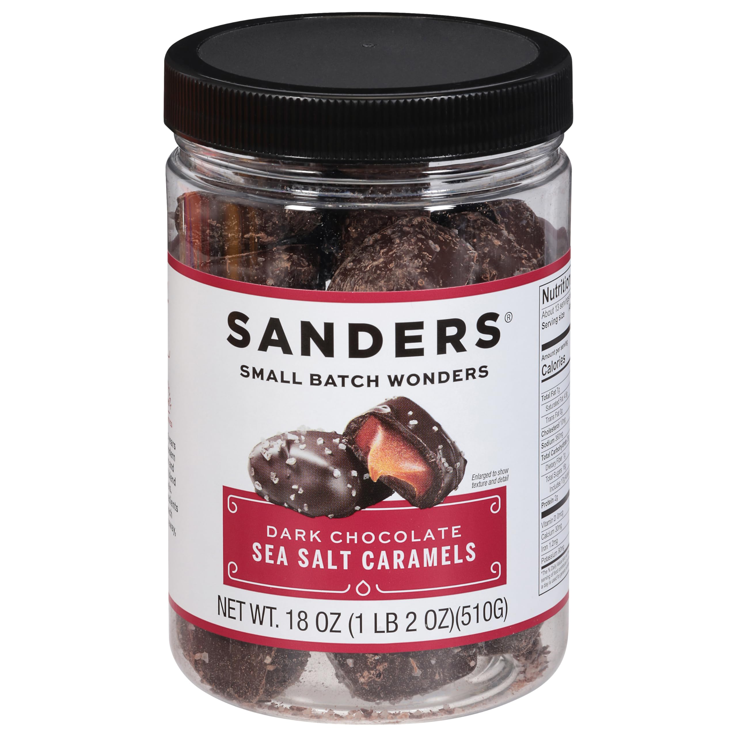 Sanders Dark Chocolate Sea Salt Caramels in an 18 oz tub, ideal for gifting or sharing.