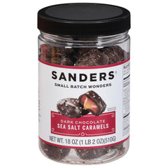 Sanders Dark Chocolate Sea Salt Caramels in an 18 oz tub, ideal for gifting or sharing.