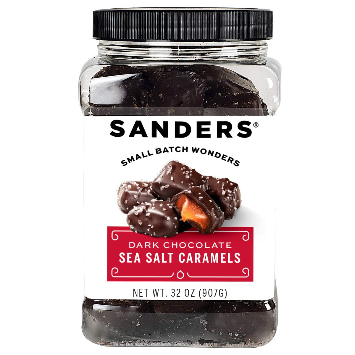 Sanders dark chocolate sea salt caramels 32 oz tub with glossy finish and premium indulgence.