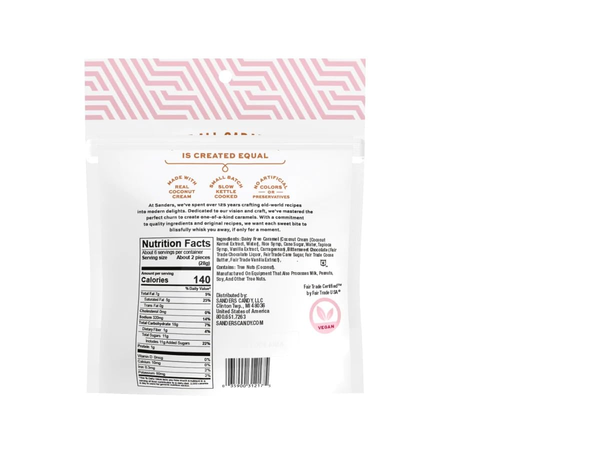 Close-up of Sanders dark chocolate sea salt caramels, silky texture and ideal dairy-free indulgence to share