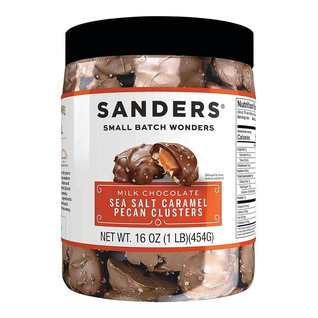 Sanders milk chocolate sea salt caramel pecan clusters in a 16 oz tub, ideal for gifting.