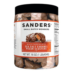 Sanders milk chocolate sea salt caramel pecan clusters in a 16 oz tub, ideal for gifting.
