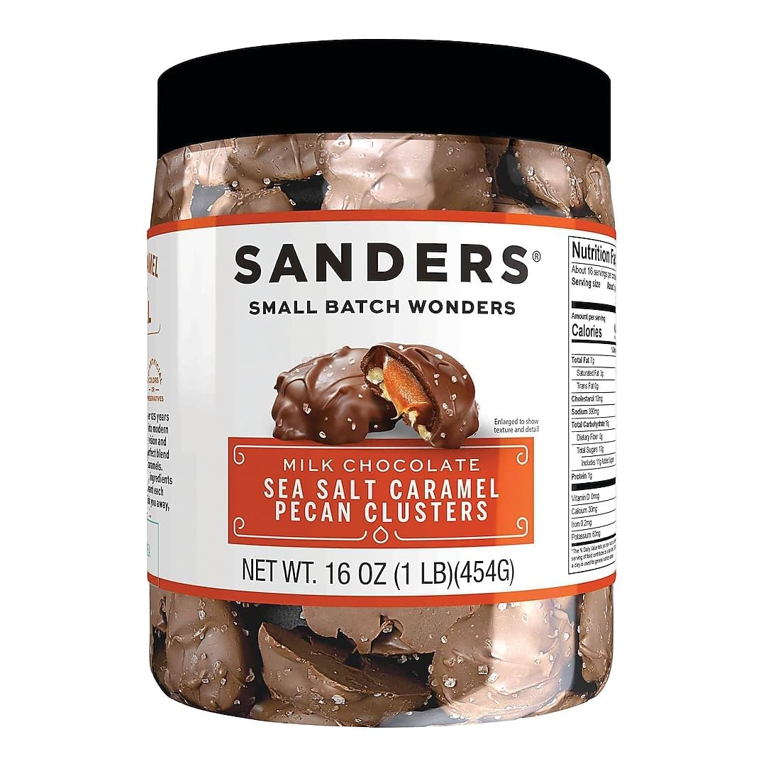 Sanders milk chocolate sea salt caramel pecan clusters close-up in tub, ideal for sharing