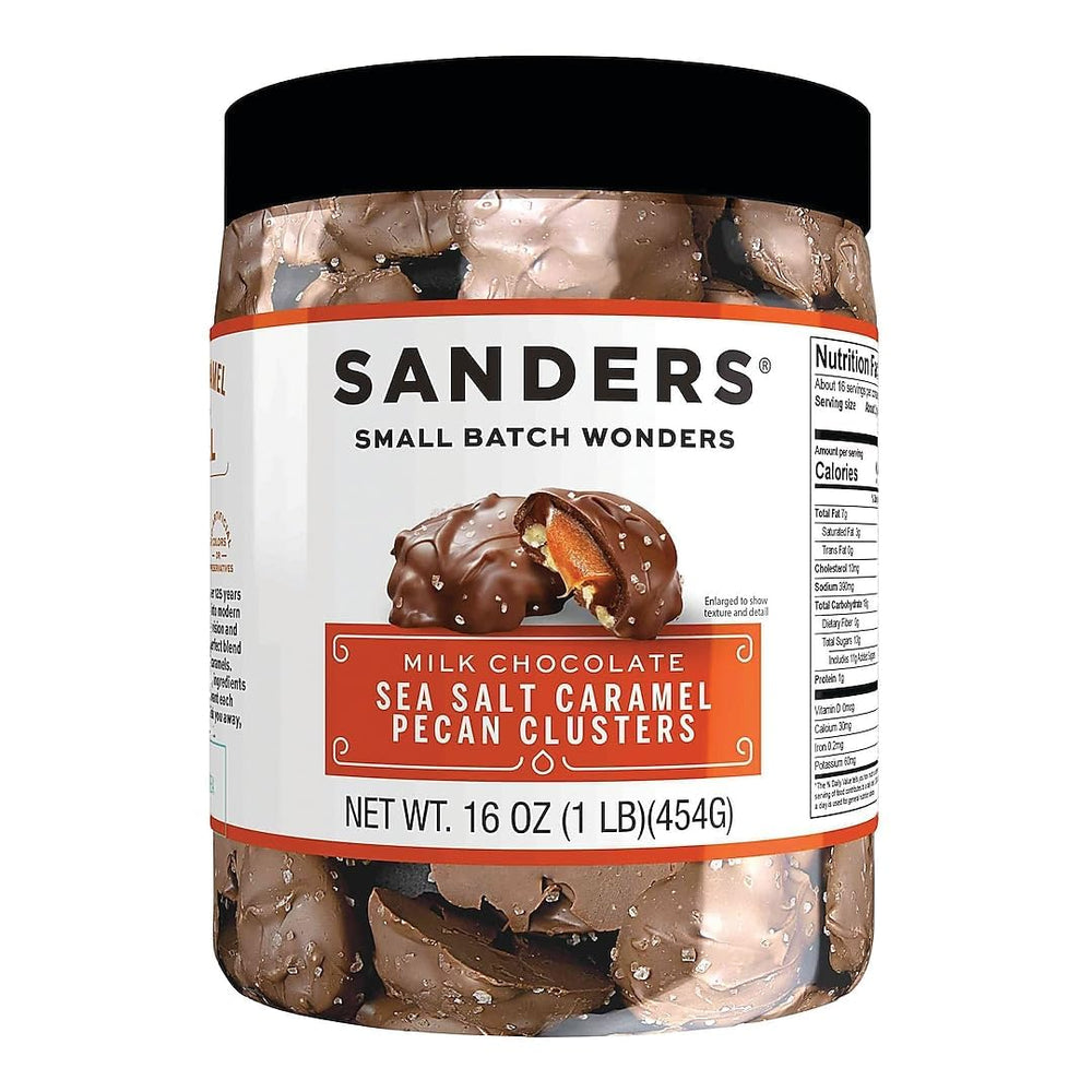 Sanders milk chocolate sea salt caramel pecan clusters close-up in tub, ideal for sharing