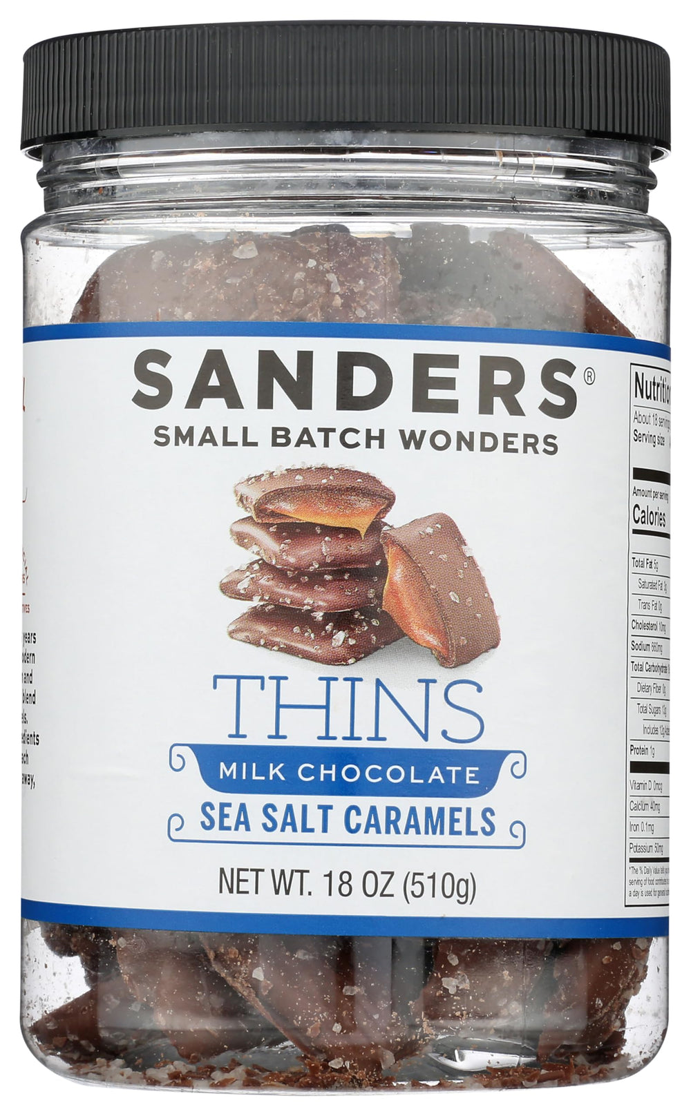 Sanders Milk Chocolate Sea Salt Caramel Thins tub label highlighting premium, shareable indulgence