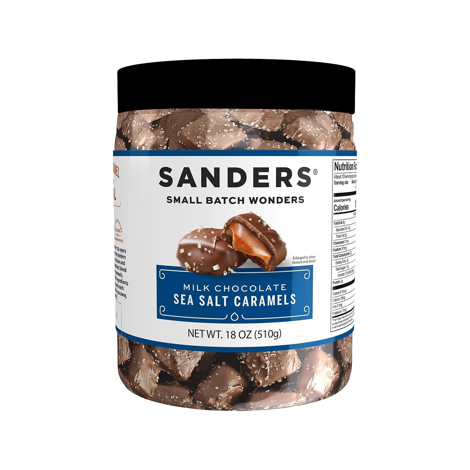 Sanders milk chocolate sea salt caramels tub front view, ideal for gifting and sharing