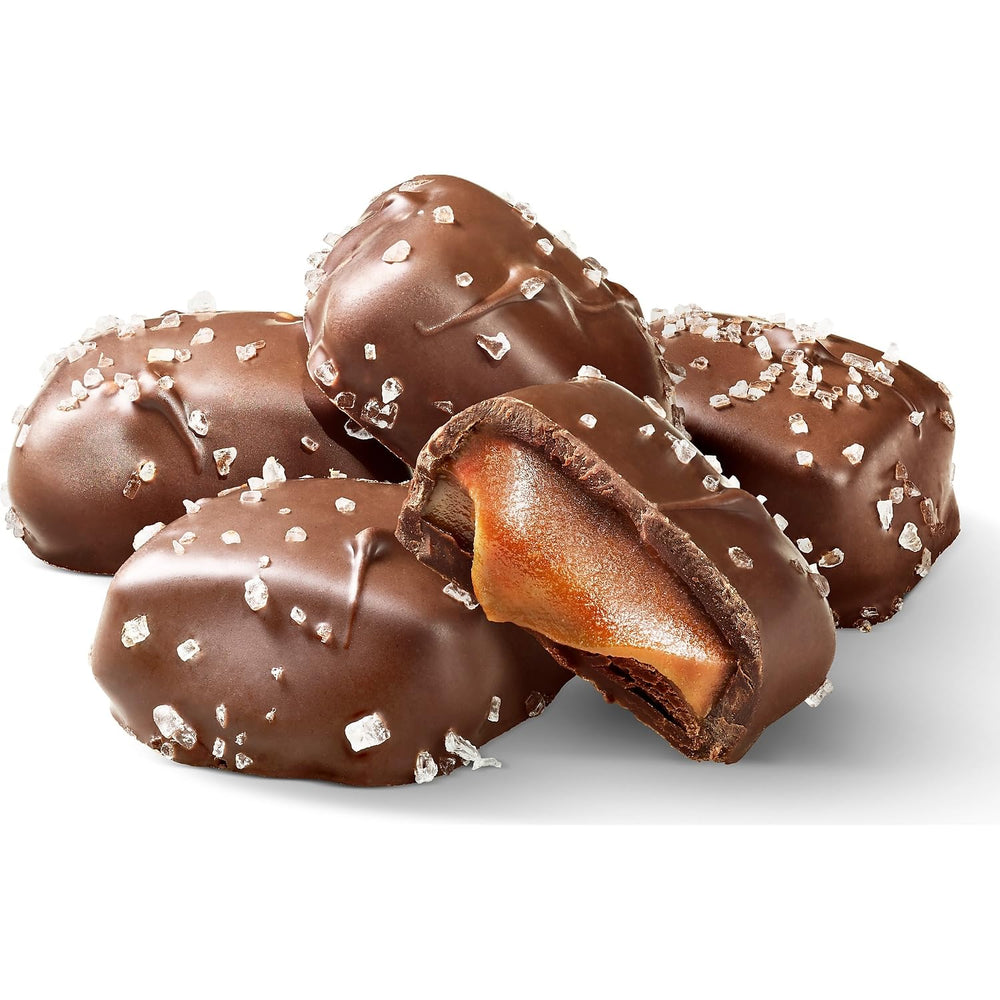 Sanders milk chocolate sea salt caramels tub in gift basket for entertaining guests