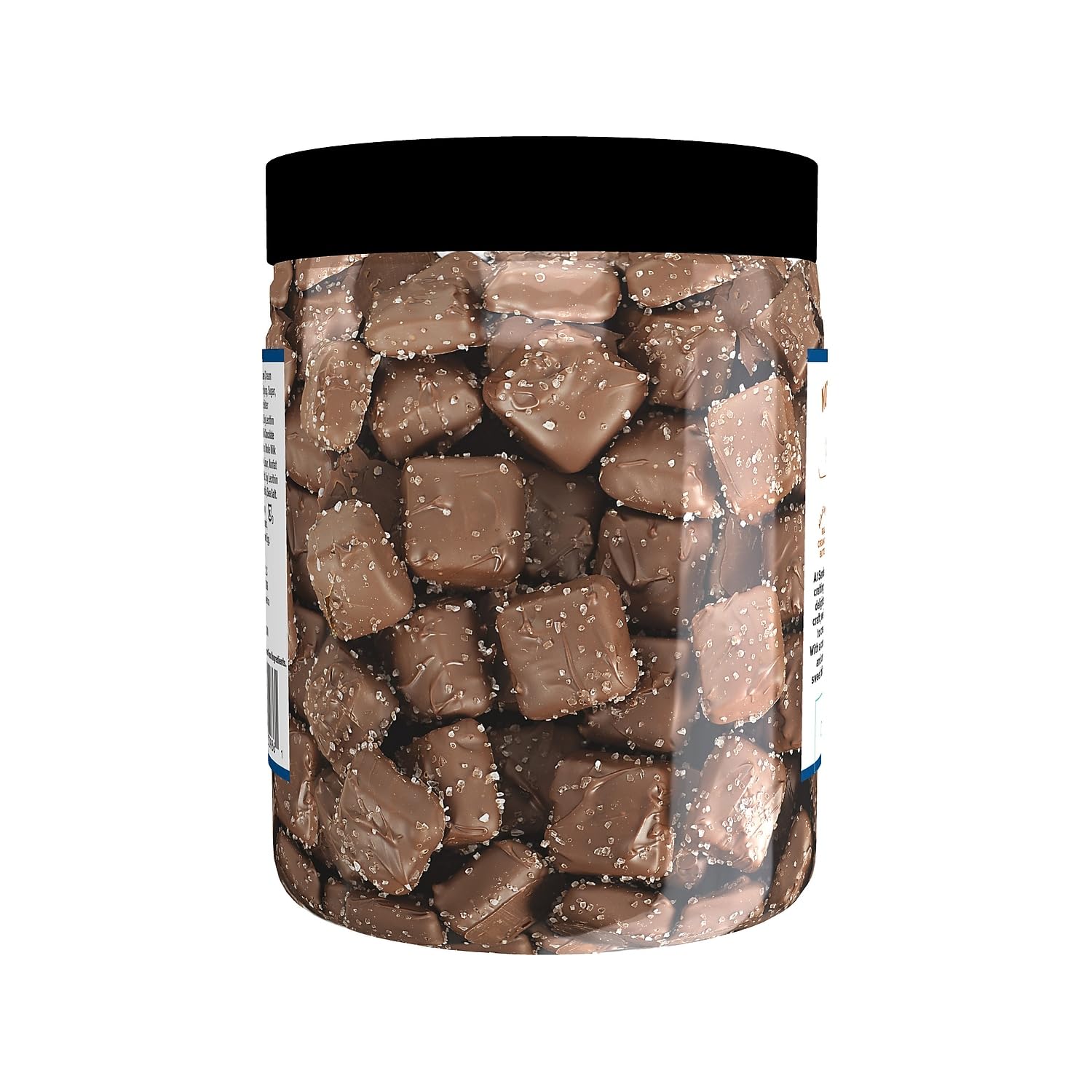 Sanders milk chocolate sea salt caramels tub on counter ready to enjoy