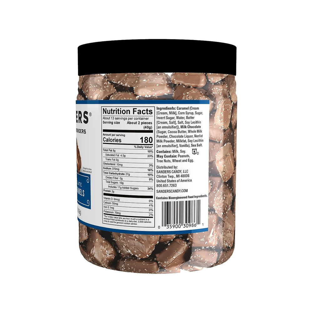 Sanders milk chocolate sea salt caramels tub open with bite-sized pieces for sharing