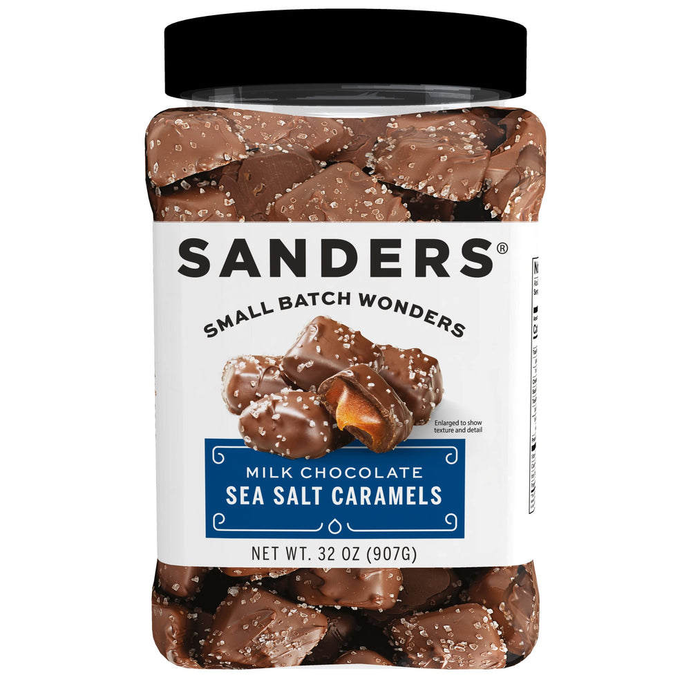 Sanders Milk Chocolate Sea Salt Caramels tub, silky texture and premium ingredients for sharing.