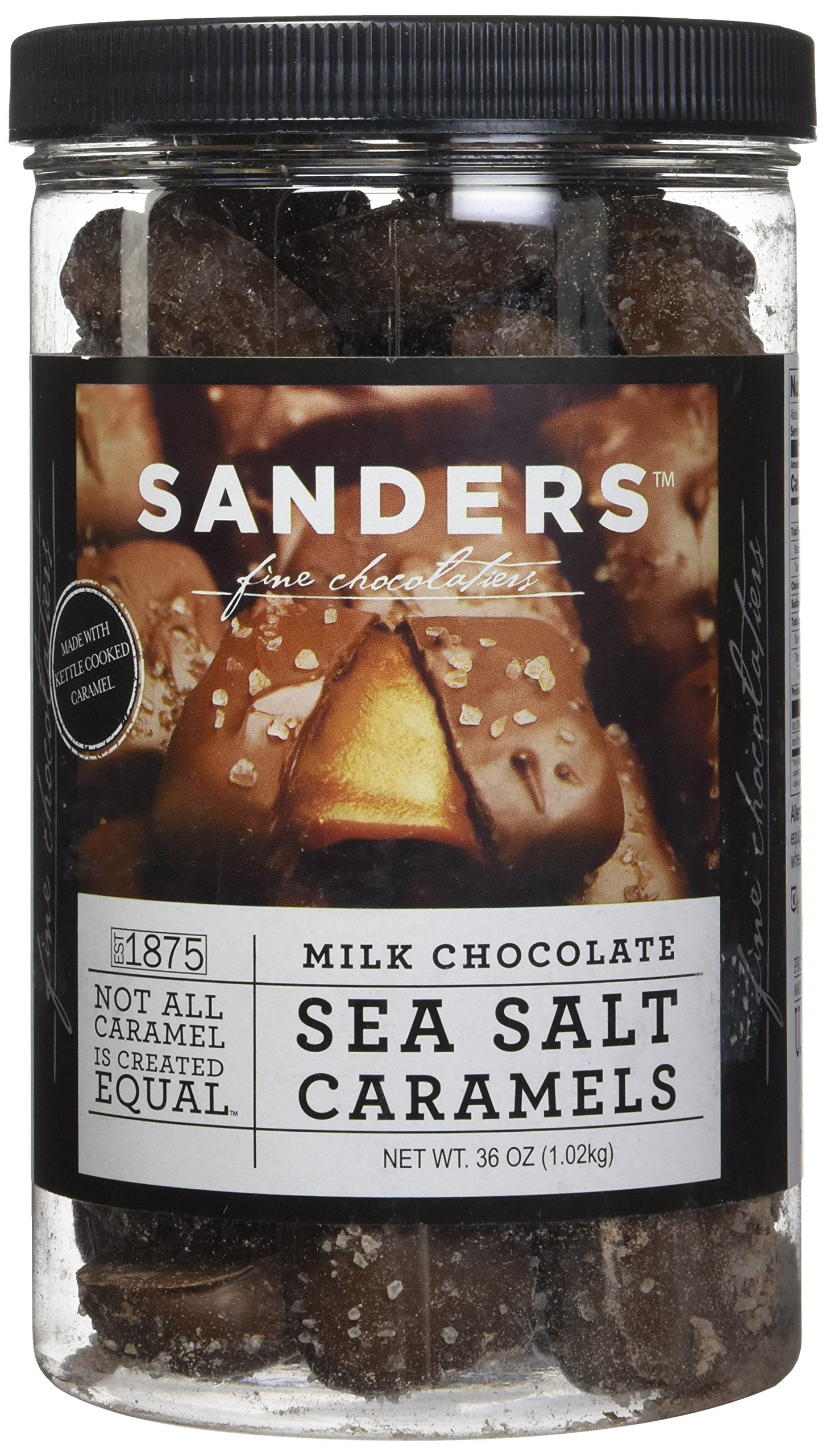 Sanders Milk Chocolate with Sea Salt jar close-up, creamy texture for sharing.
